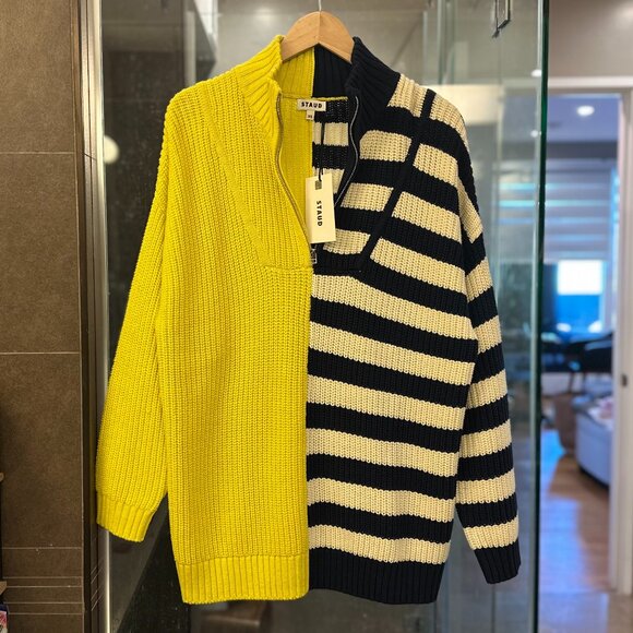 STAUD Hampton Oversized Chunky-Knit Striped Color-Block Sweater (Chartreuse) - Picture 9 of 16